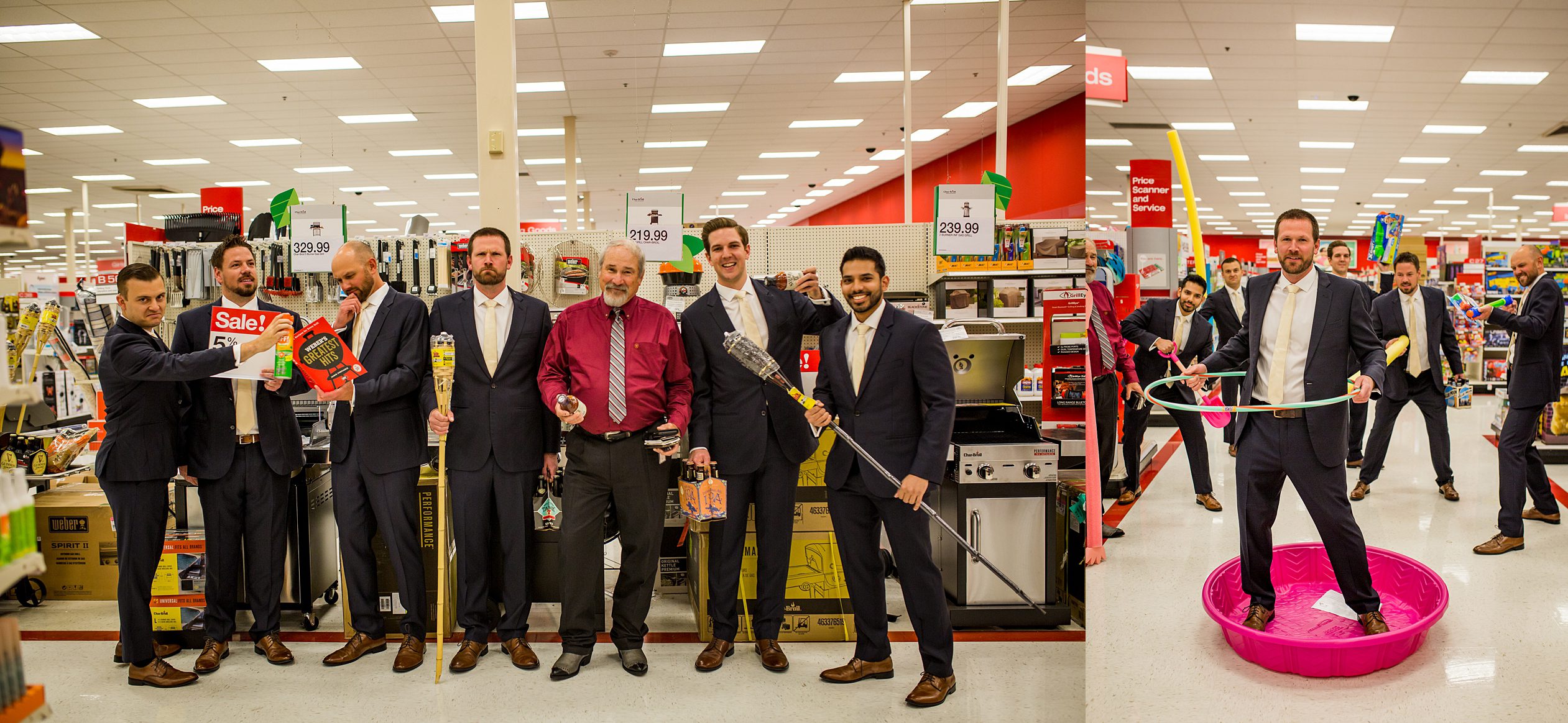 groomsmen having fun in Target before the Colorado wedding