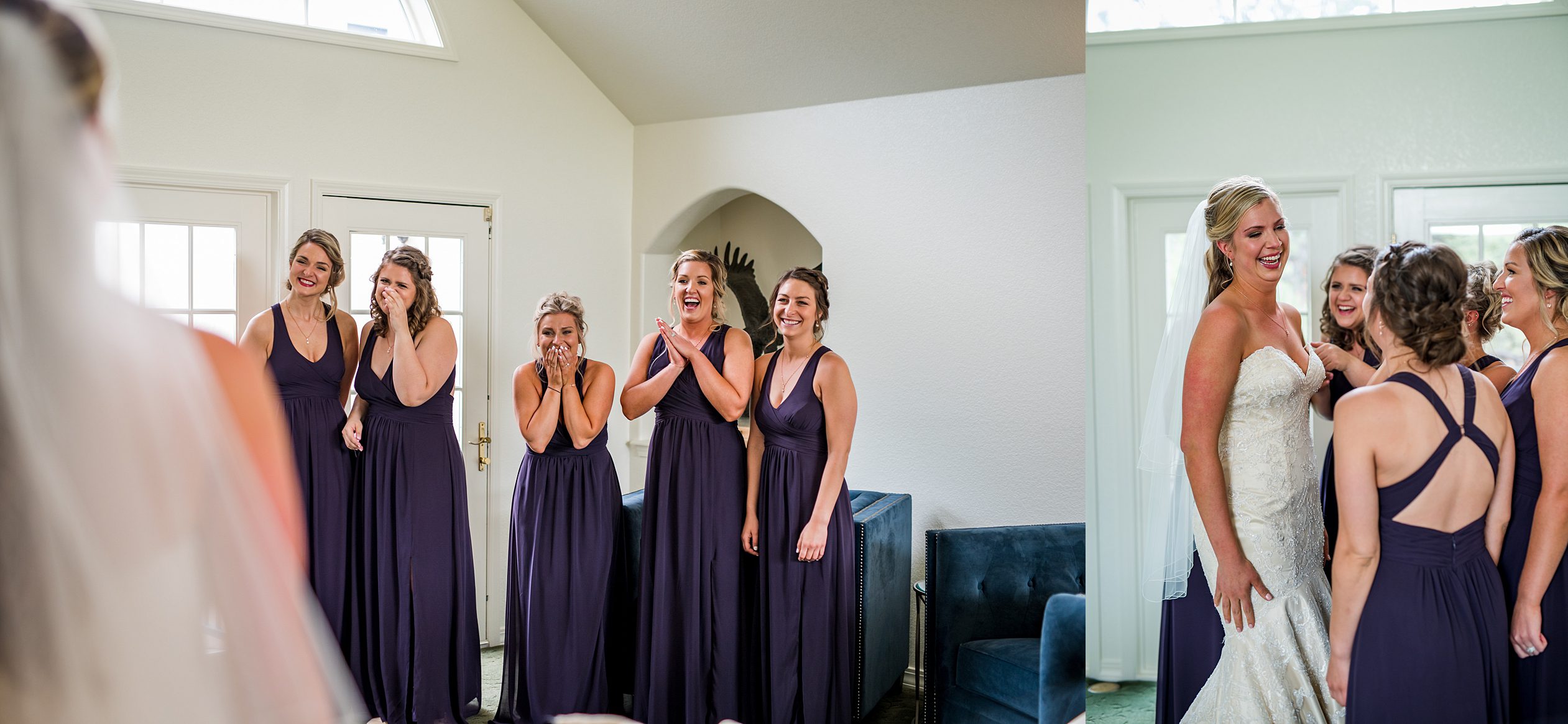 bridesmaids see the bride for the first time at the Colorado wedding venue