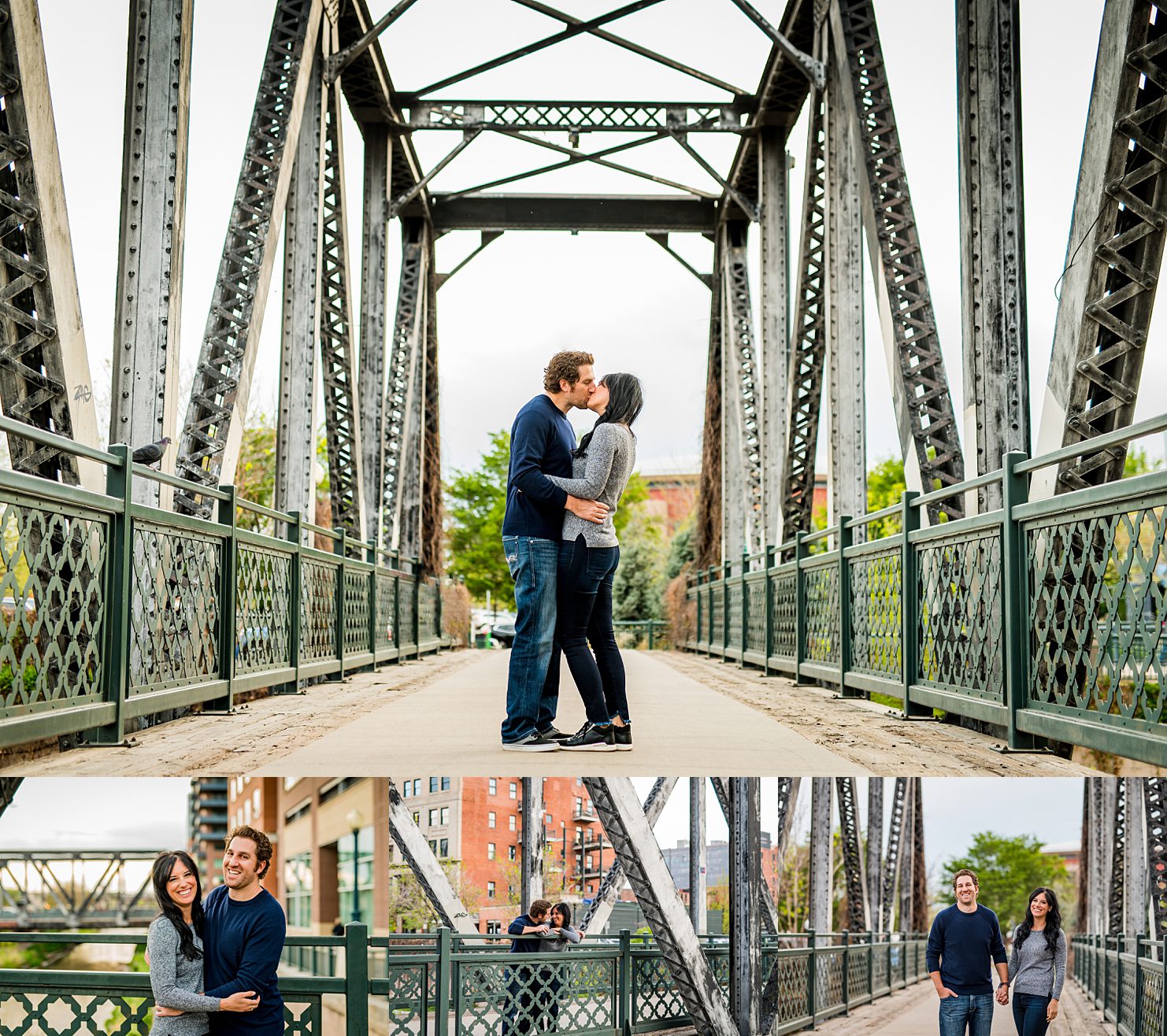 couple on a bridge in Denver for engagement photos