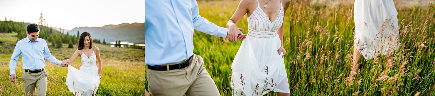 engaged couple walking in Colorado