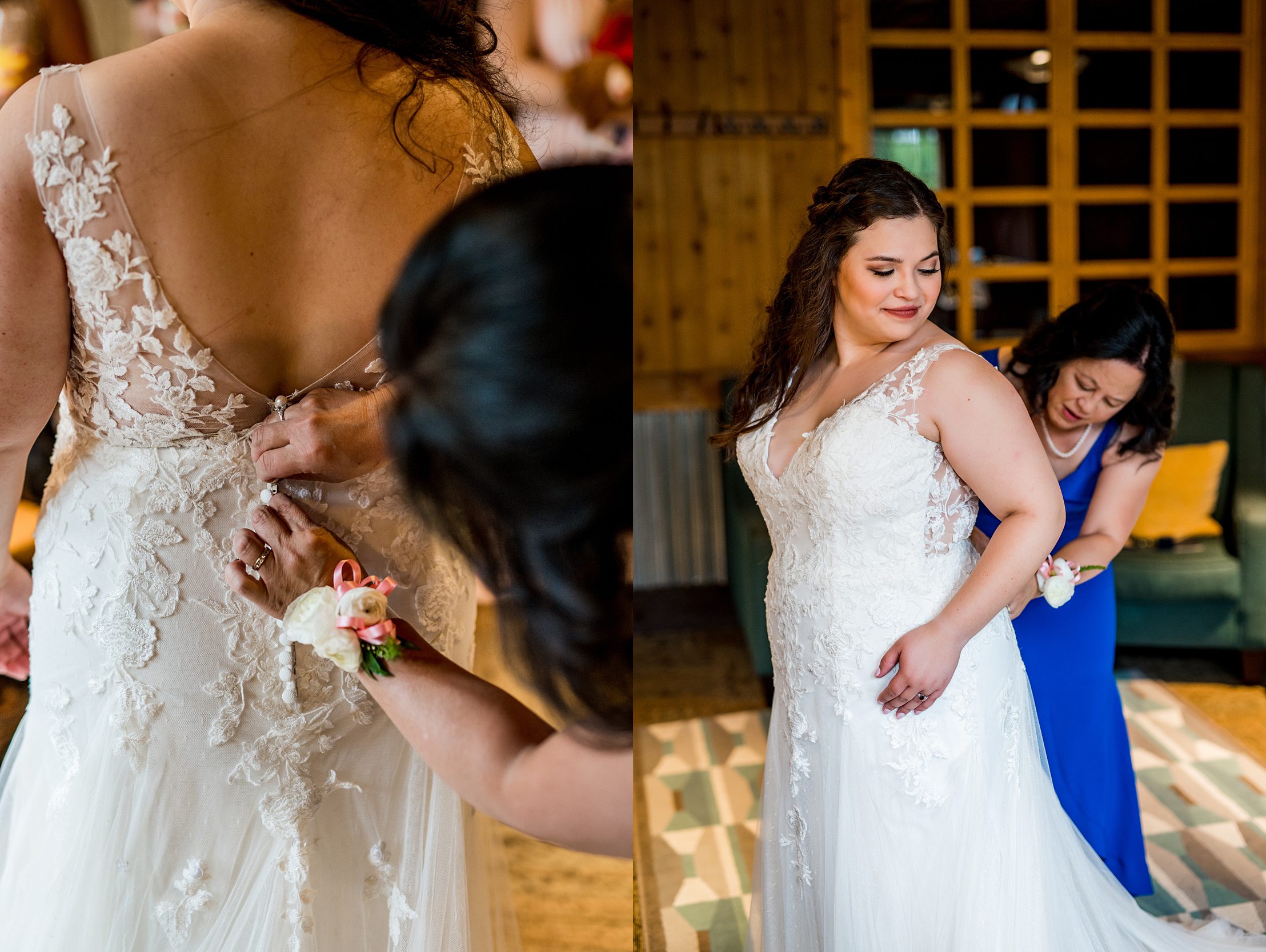 bride getting into her wedding dress at Ten Mile Station