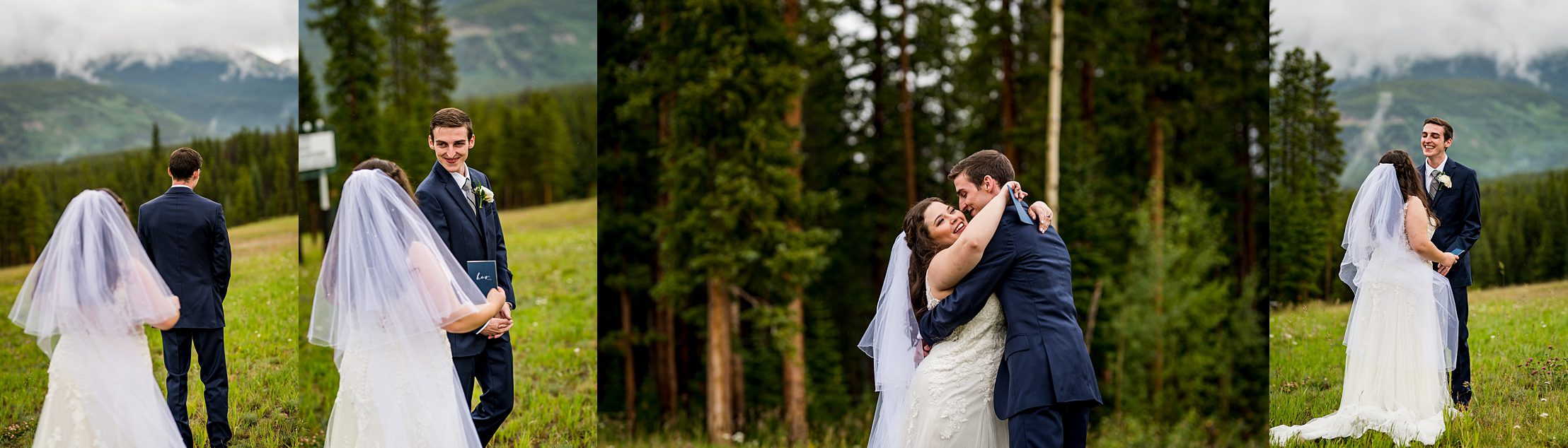 bride and groom have their first look at Ten Mile Station