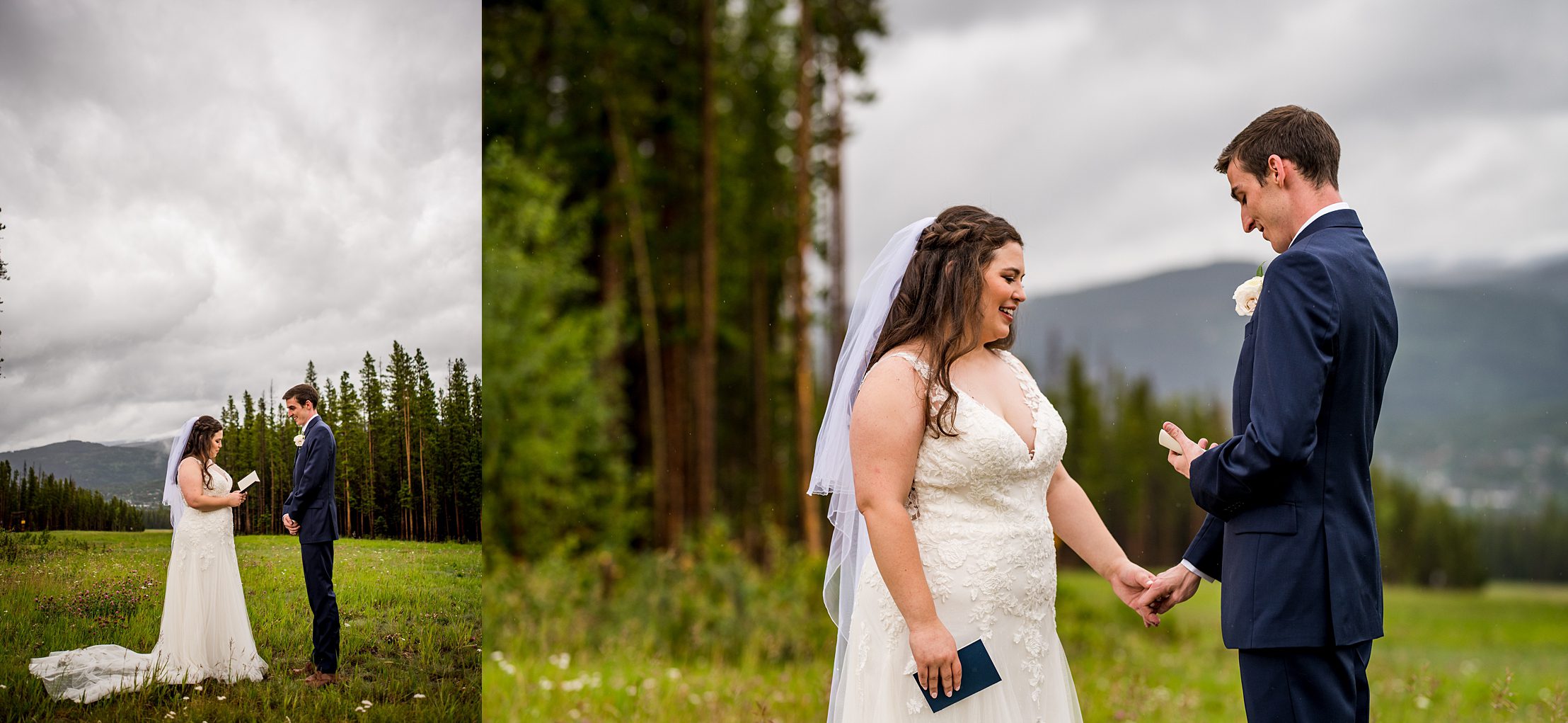 bride and groom read their vows during their first look at Colorado Wedding Venue