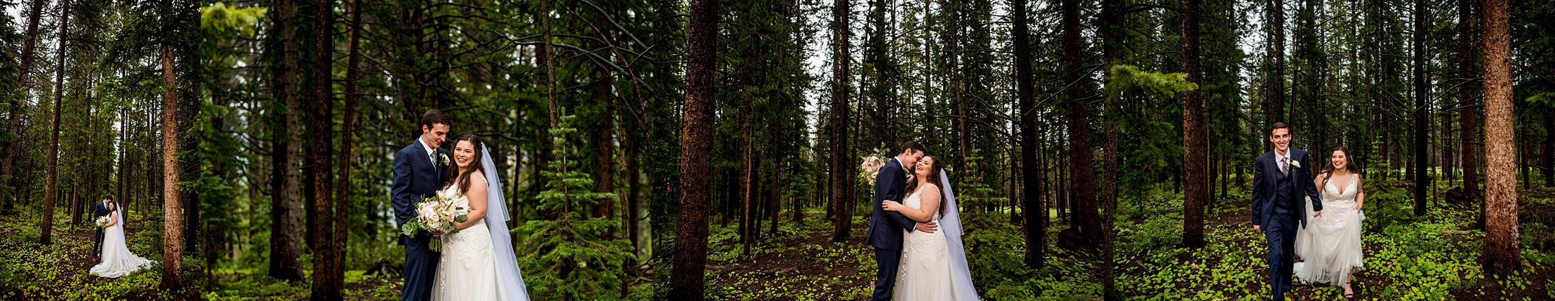 bride and groom in the trees of their Breckenridge wedding venue