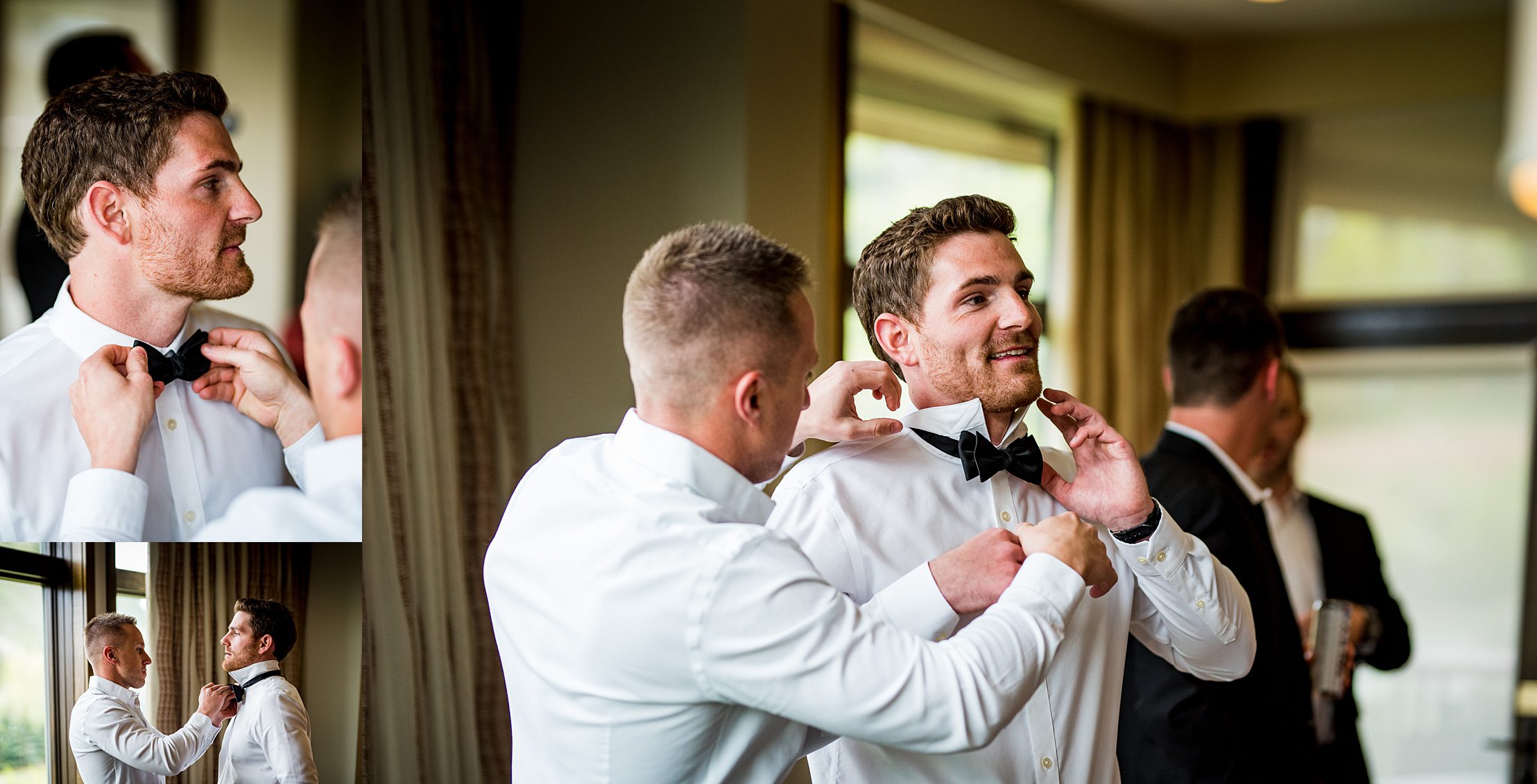 groom getting his bow tie tied in their hotel room