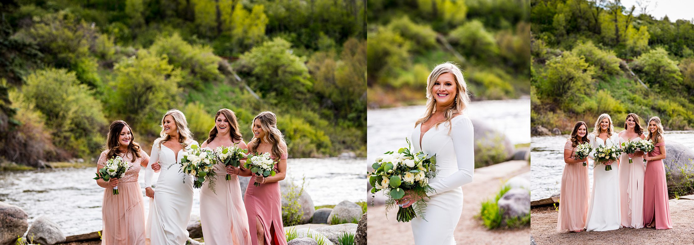 bridesmaids photos with the vail water behind them