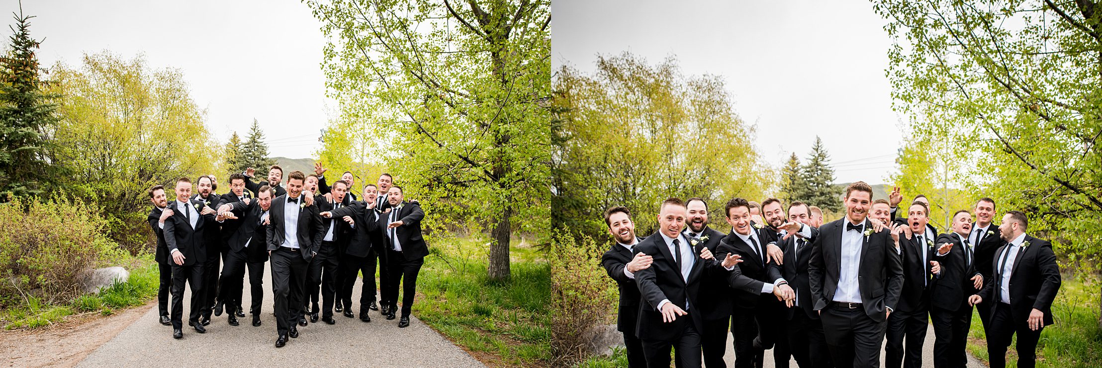 groomsmen walking on the trail behind the Westin Riverfront