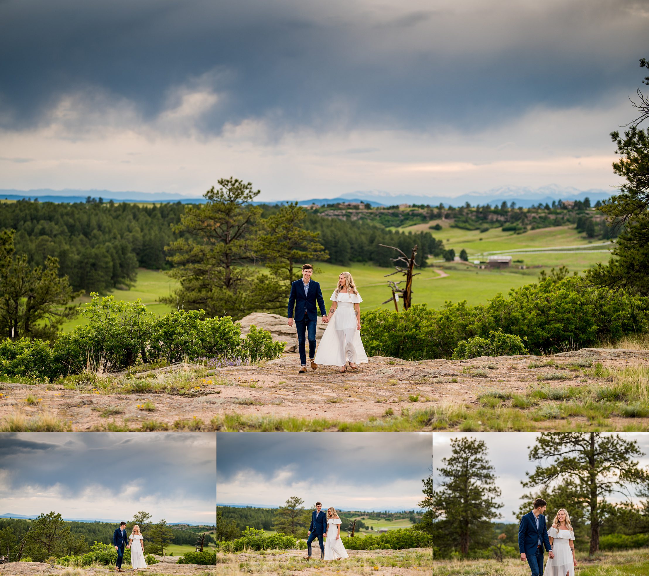 Engaged couple walking at Castlewood Canyon near Denver