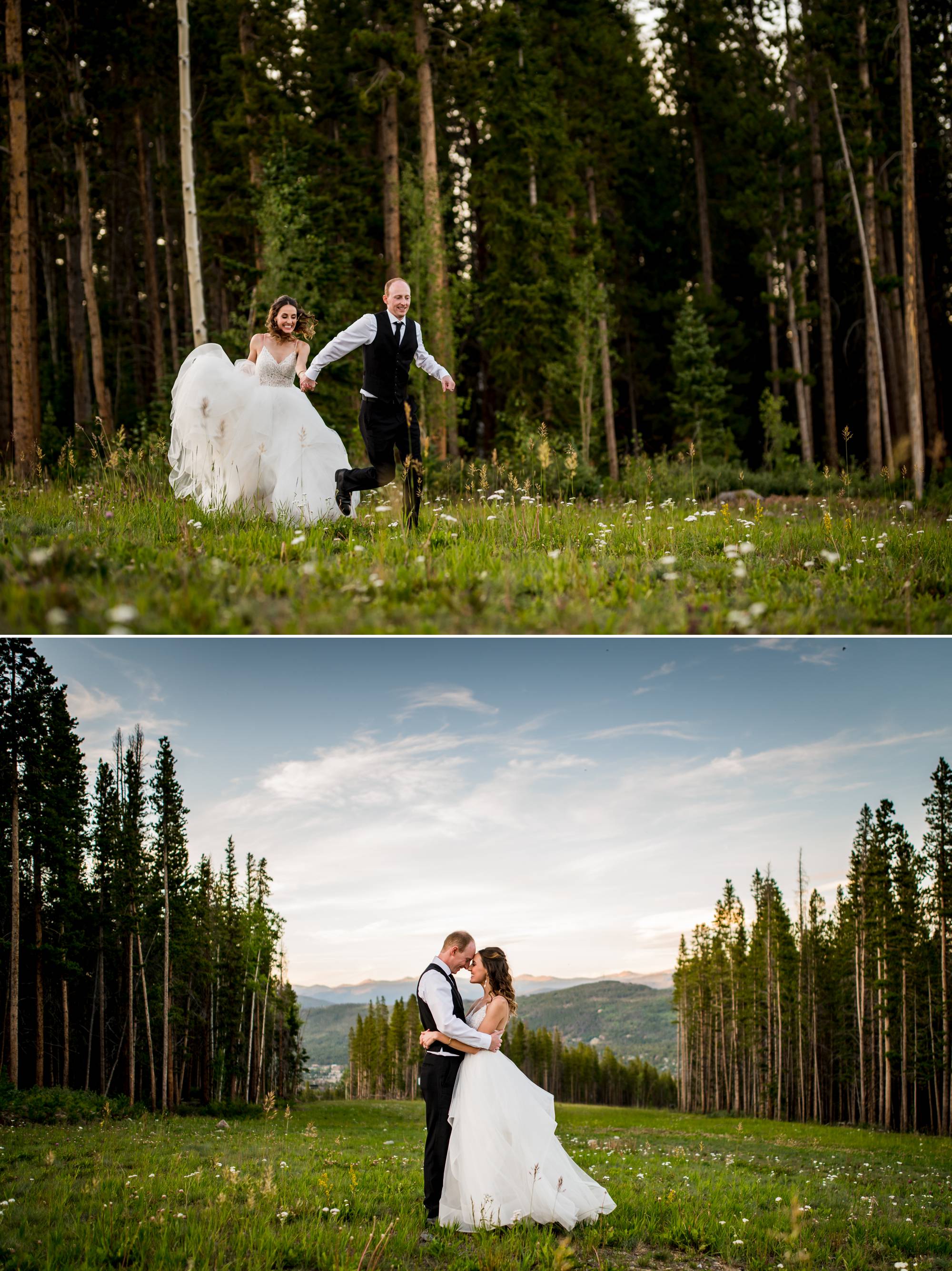 bride and groom running in open field