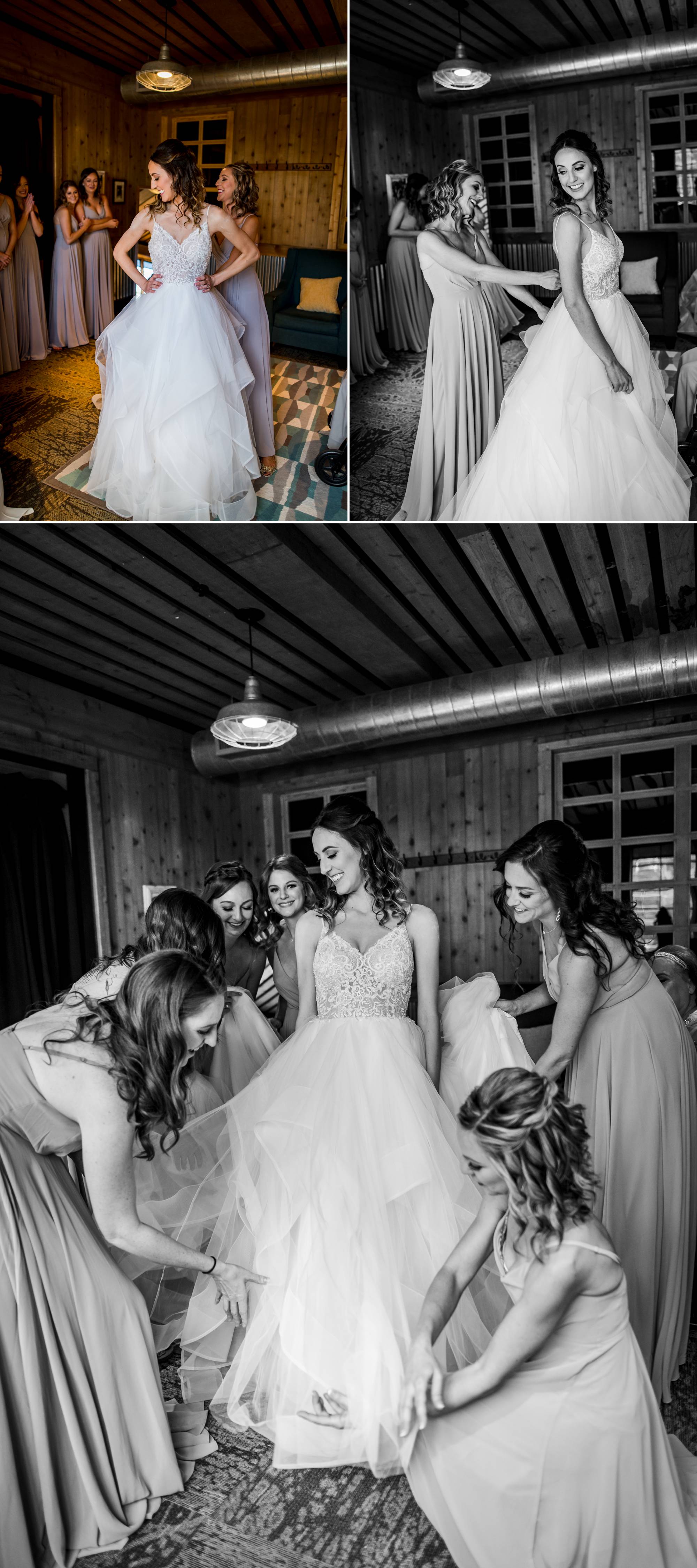 bride getting into her wedding dress at Ten Mile Station