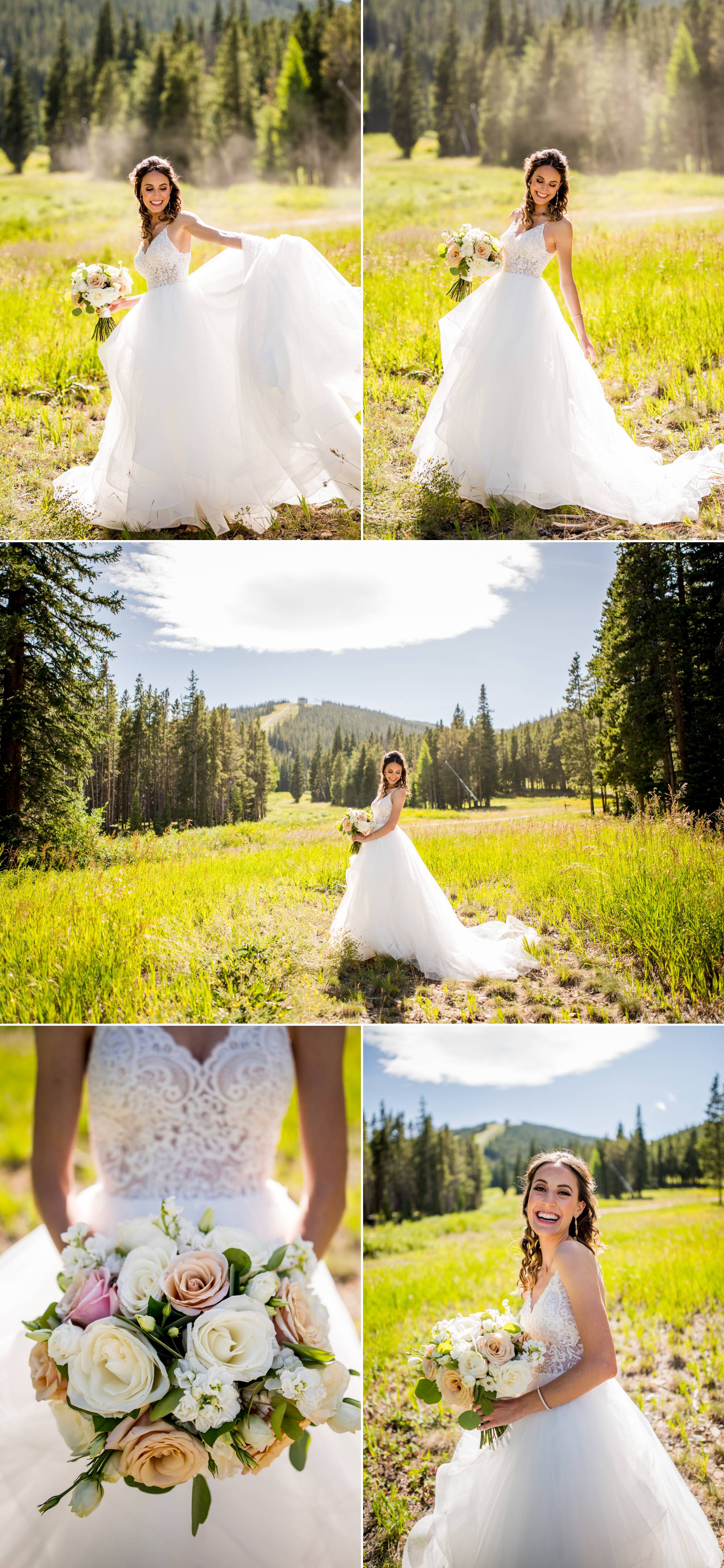 beautiful Colorado bride having fun with her wedding dress