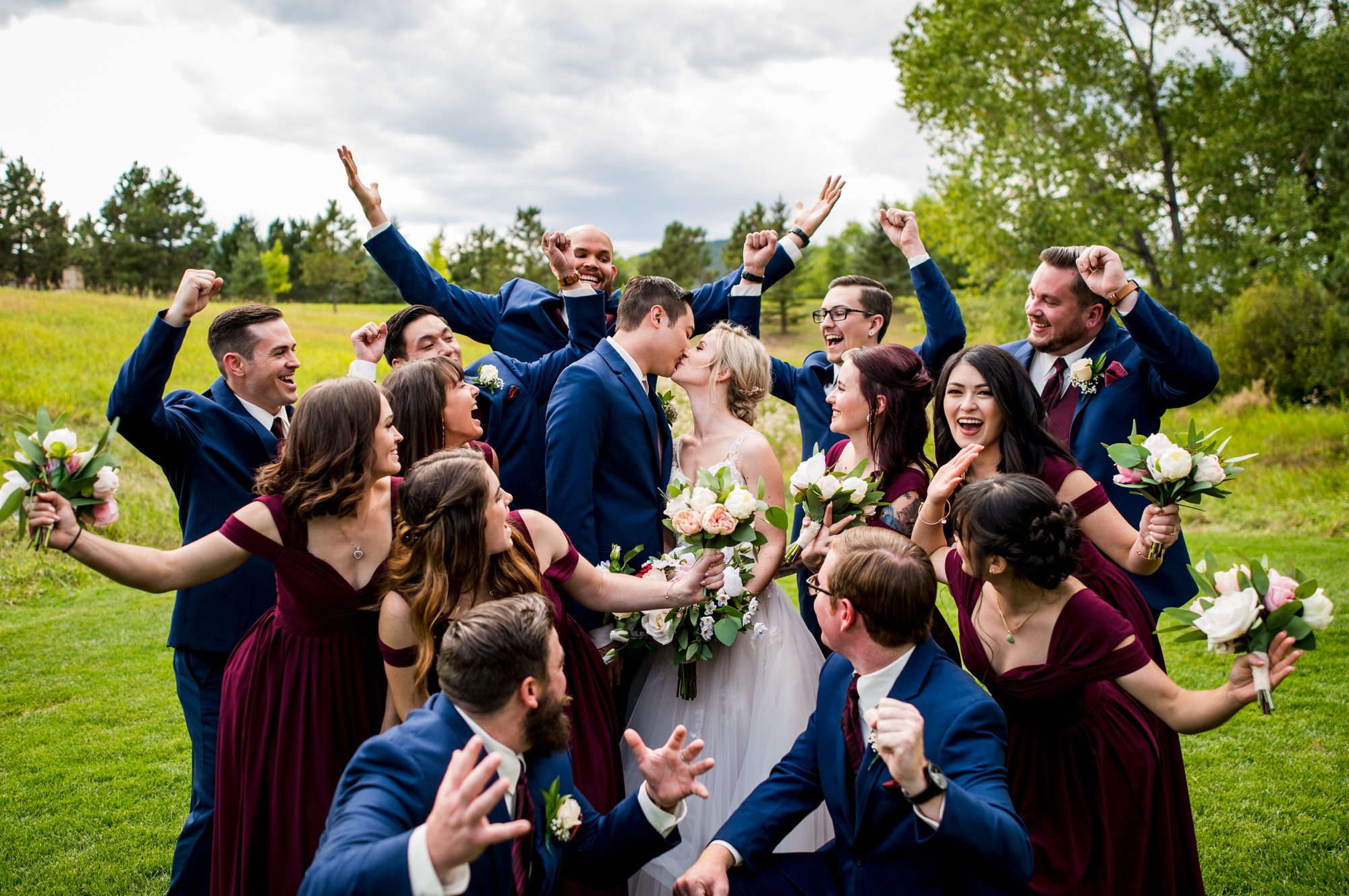 bridal party having fun at spruce mountain ranch