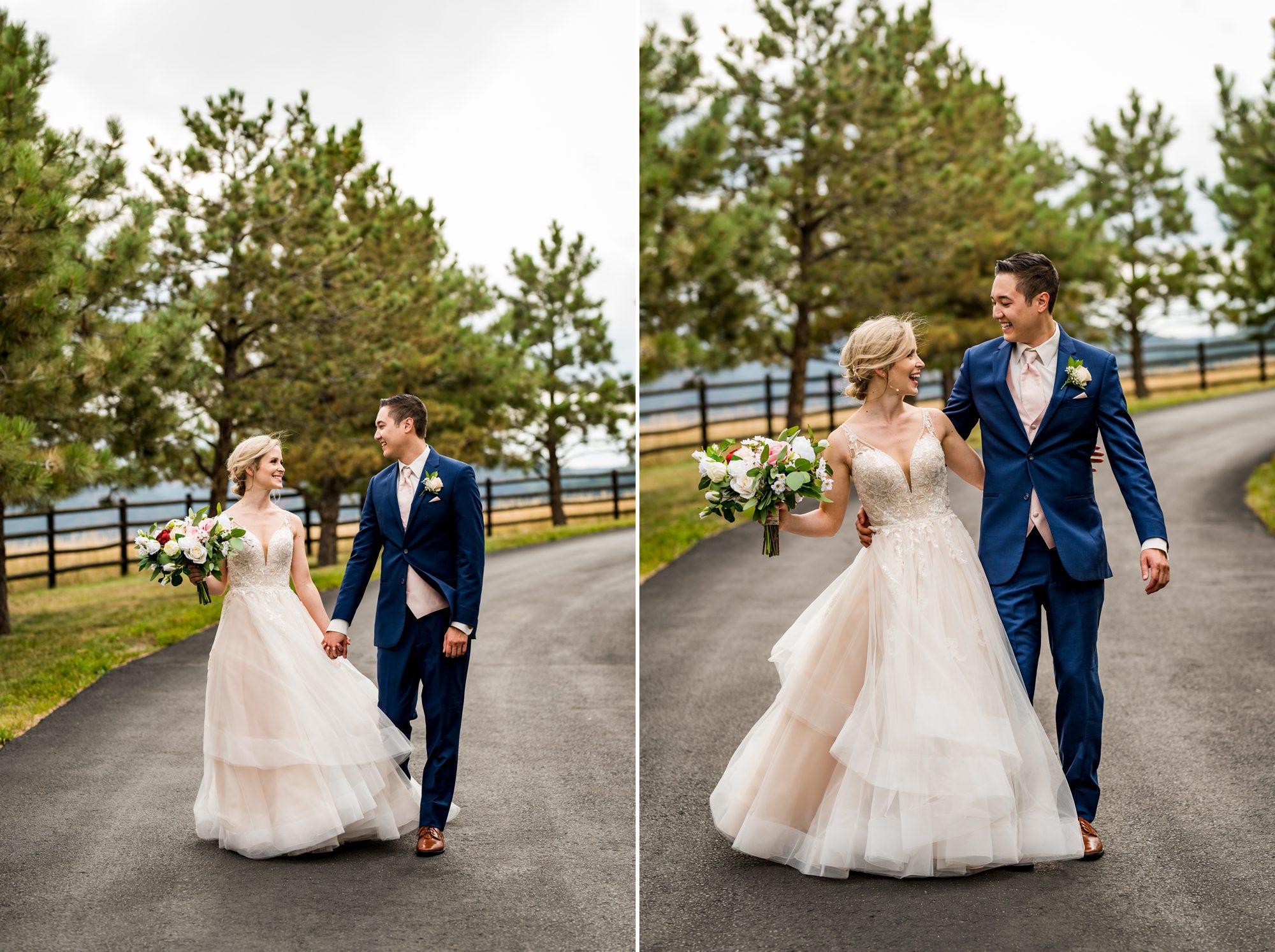 wedding couple walking with trees in the background