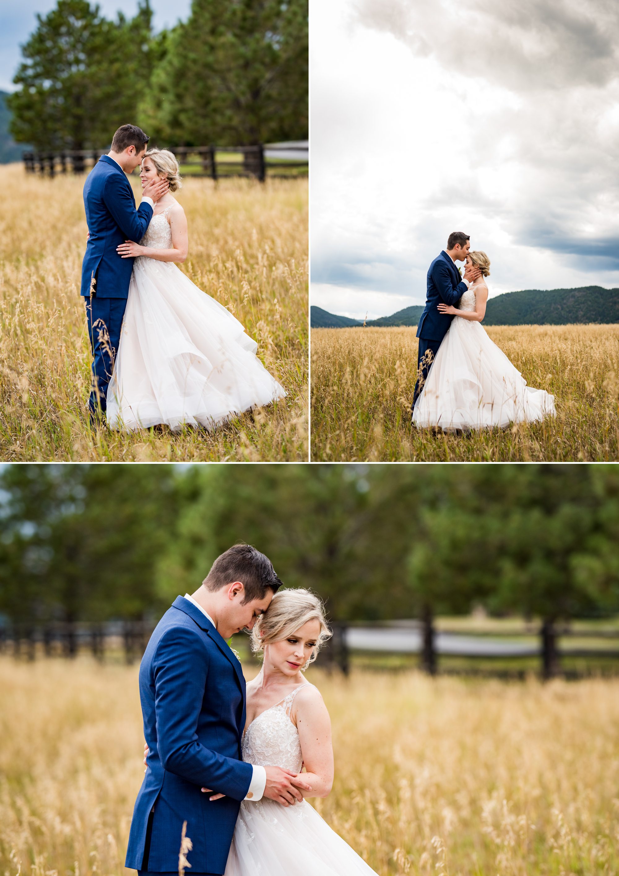 beautiful wedding couple in a field with Colorado mountains in the background