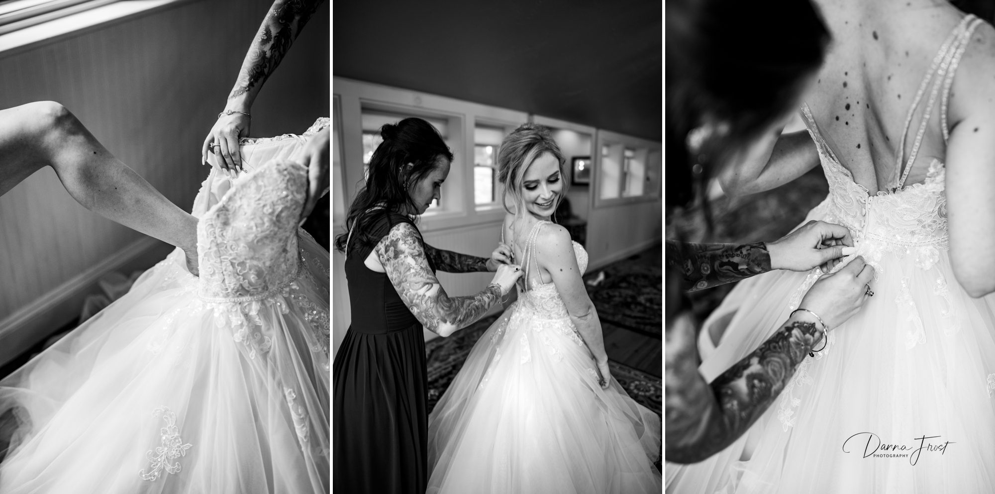 Bride getting into her wedding dress at Spruce Mountain Ranch