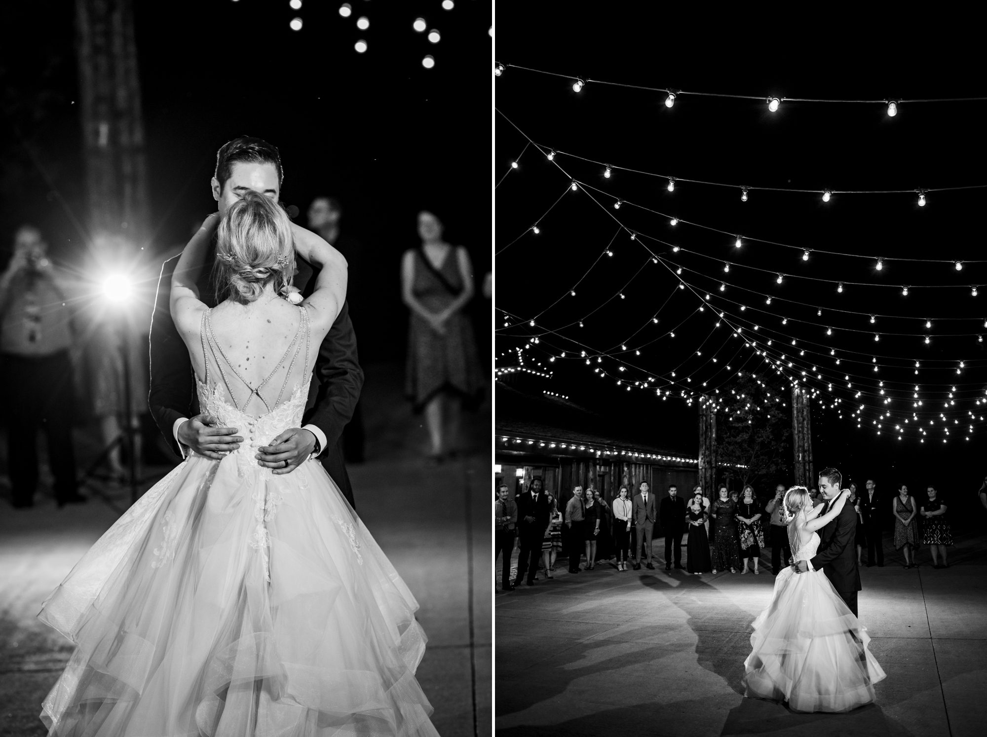 bride and groom have their first dance under lights