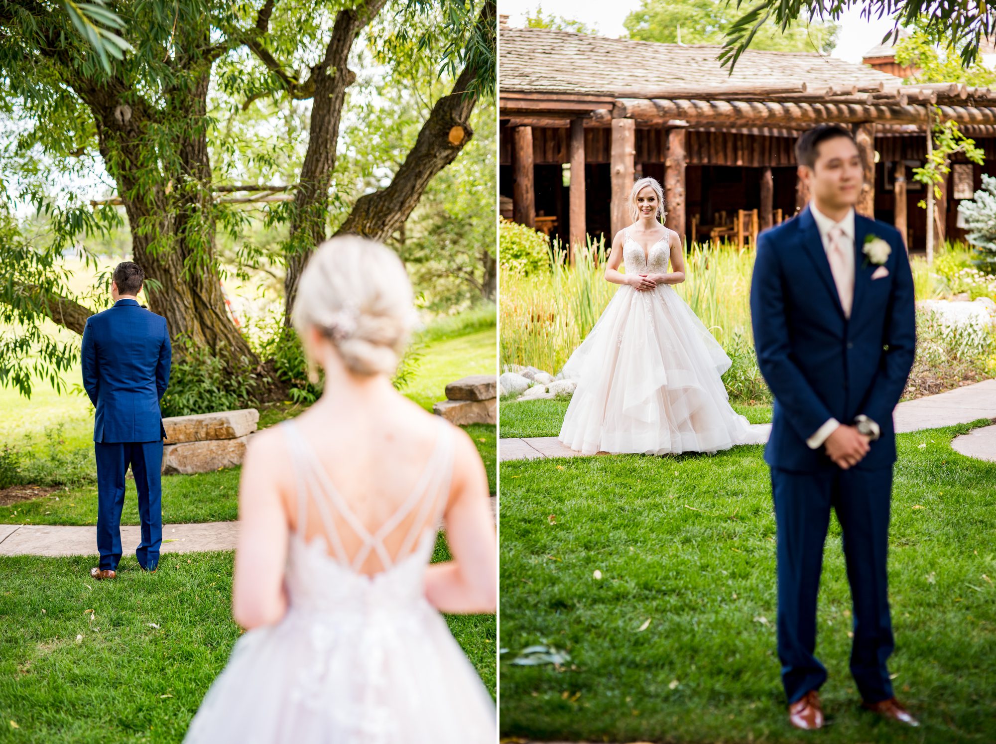 bride and groom having their first look