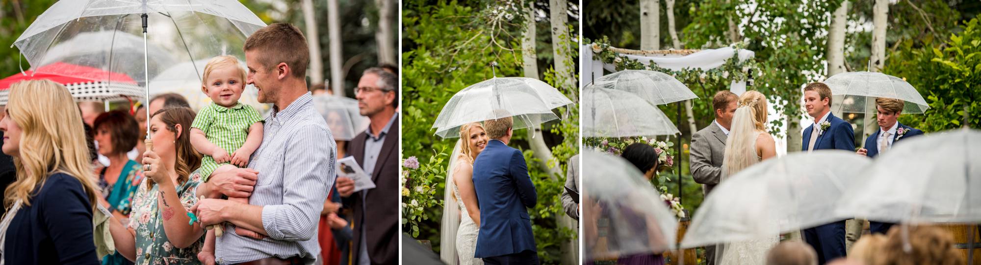 rainy wedding ceremony at church ranch event center