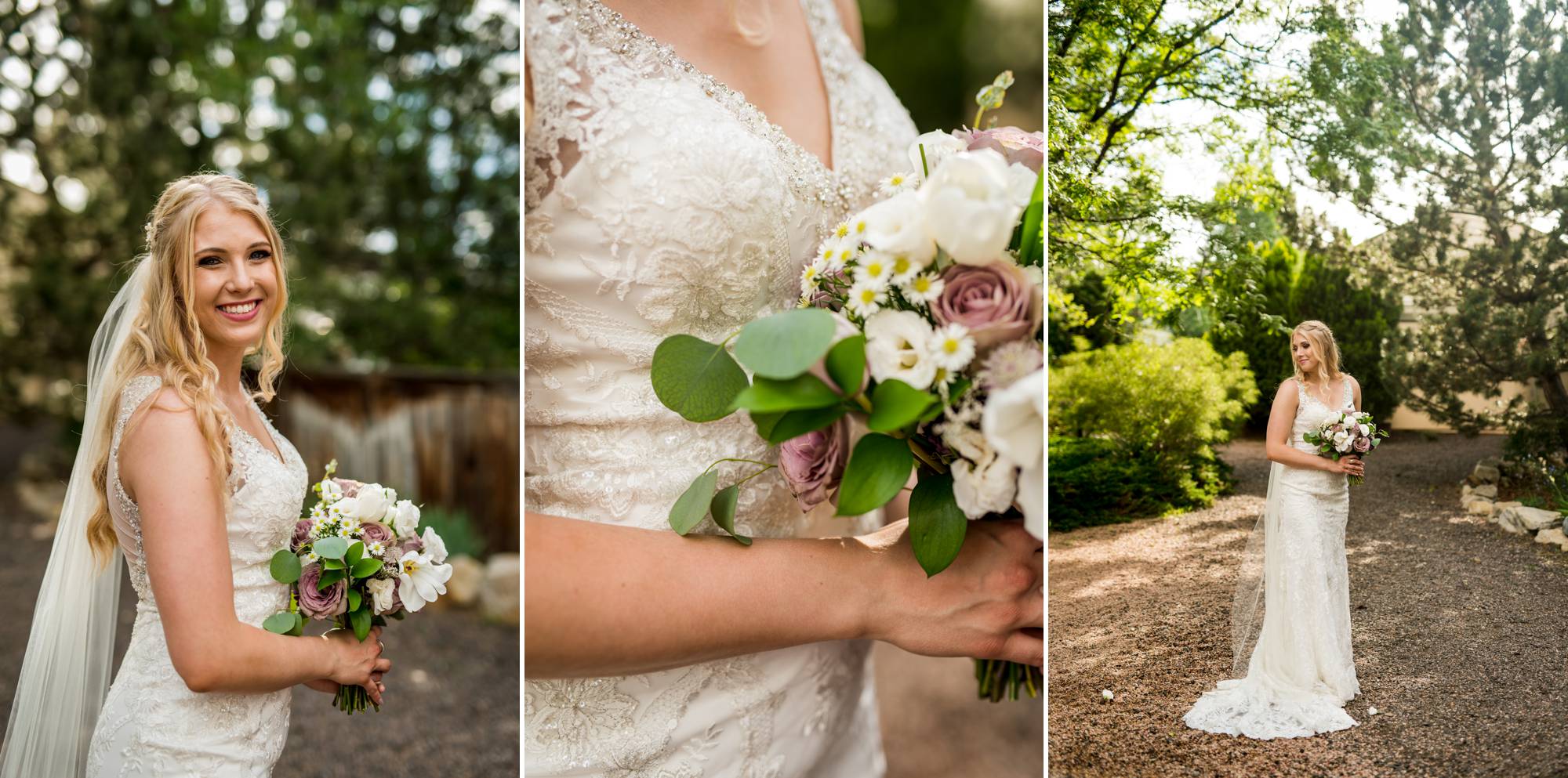 beautiful bride with flowers and trees in the background at her Denver wedding 