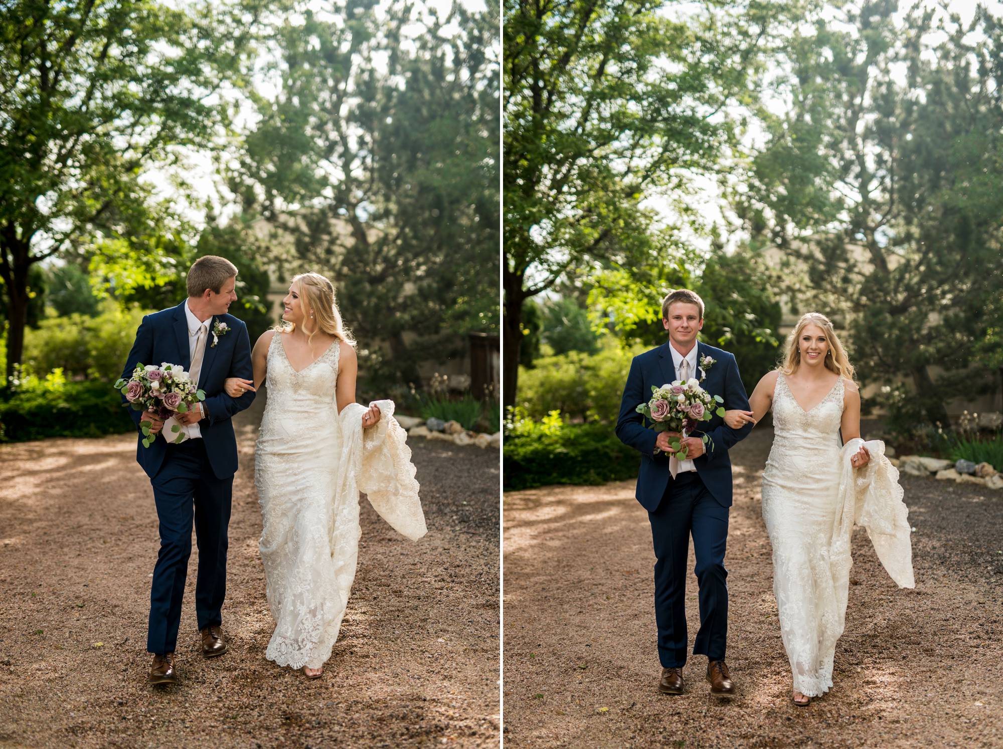 wedding couple walking towards the camera