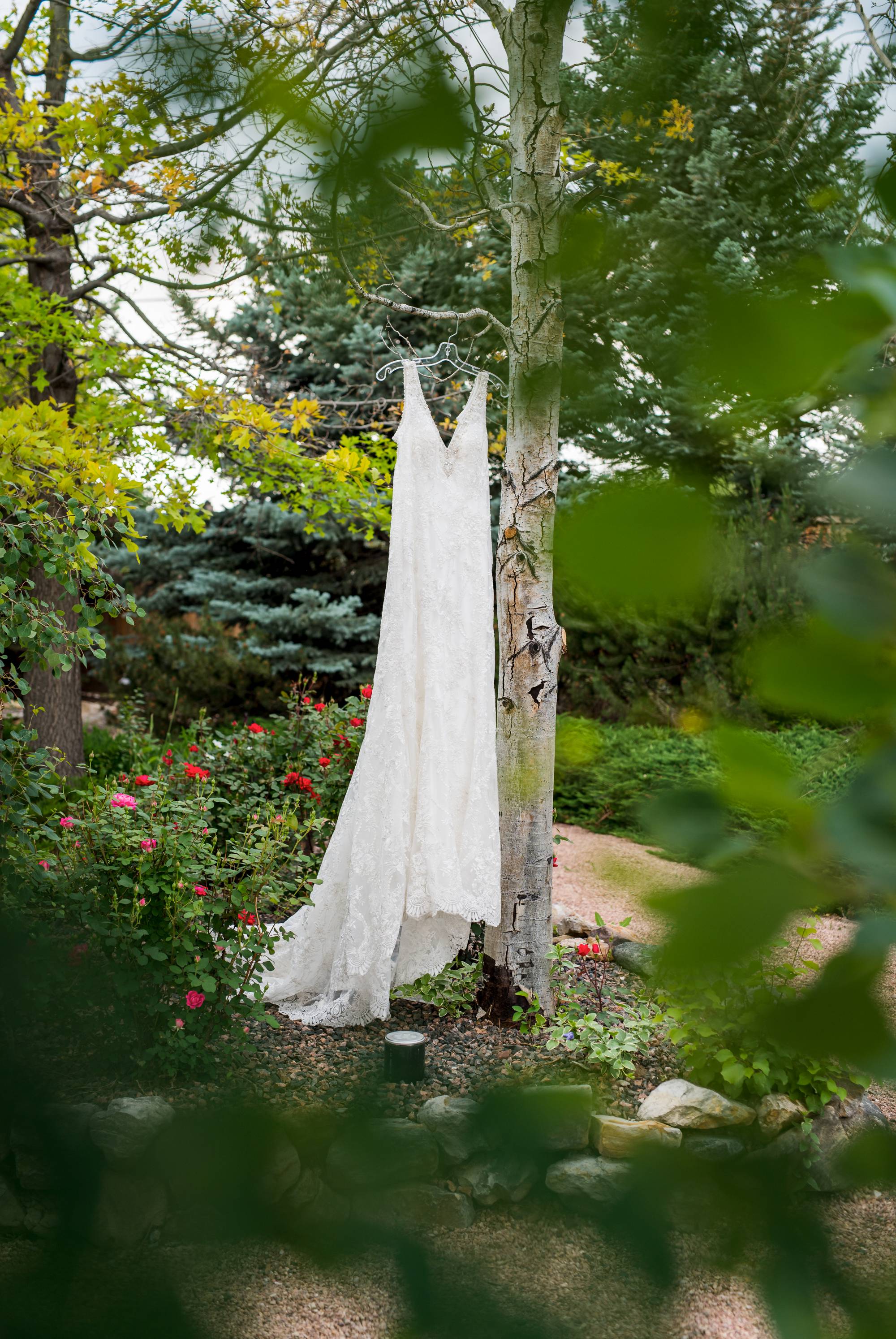 wedding dress hanging at church ranch event center