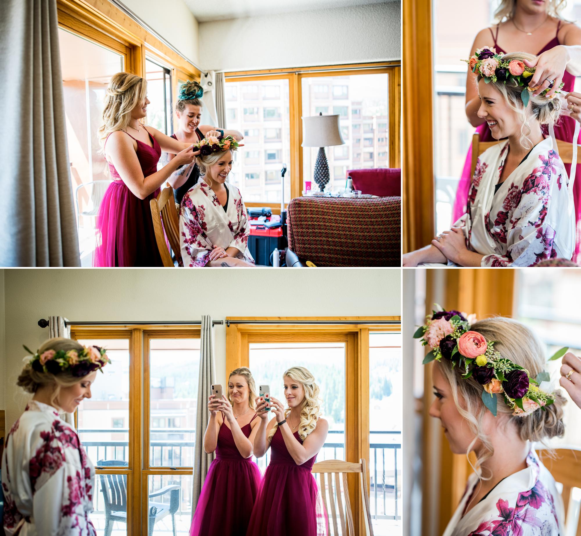 boho bride in Colorado getting her flower crown put on