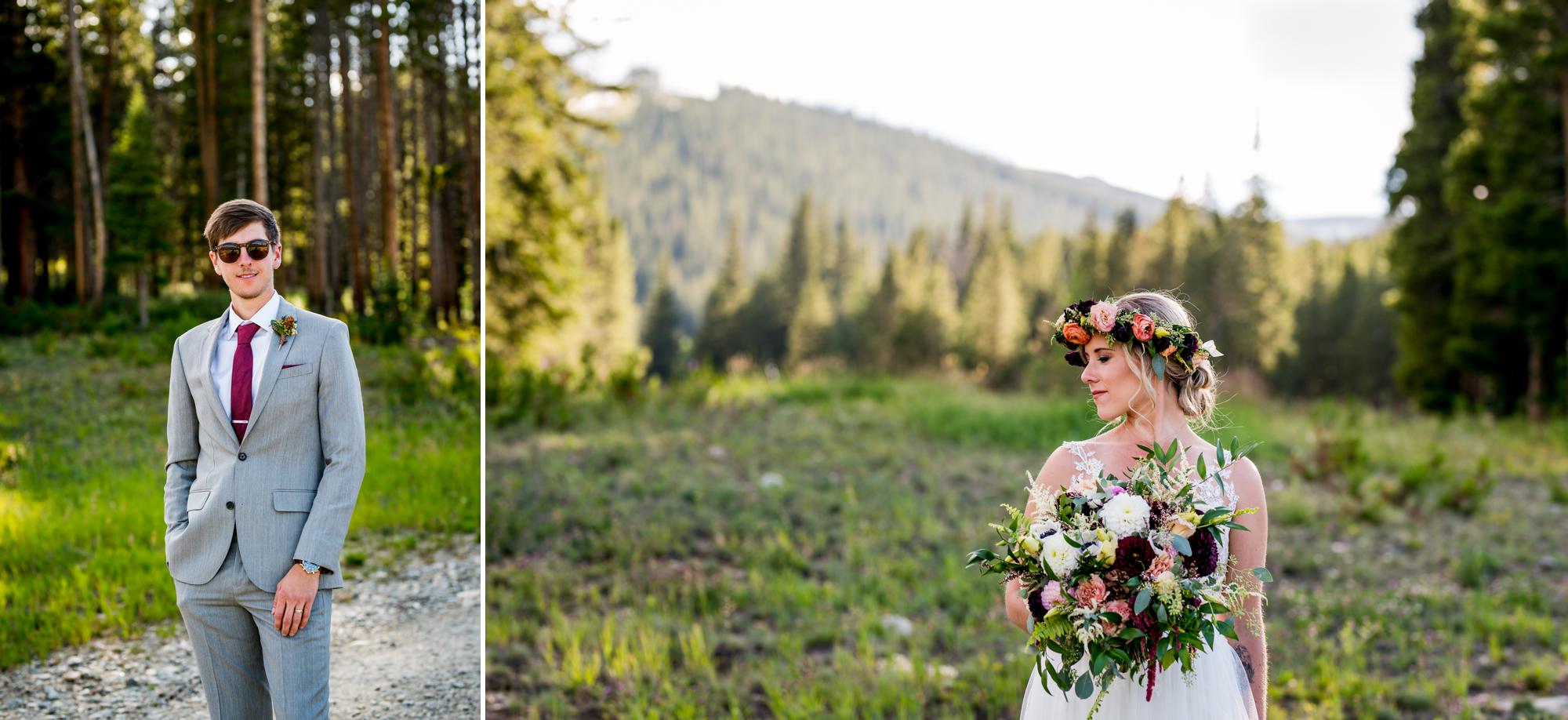Bride and groom in a Colorado mountain field