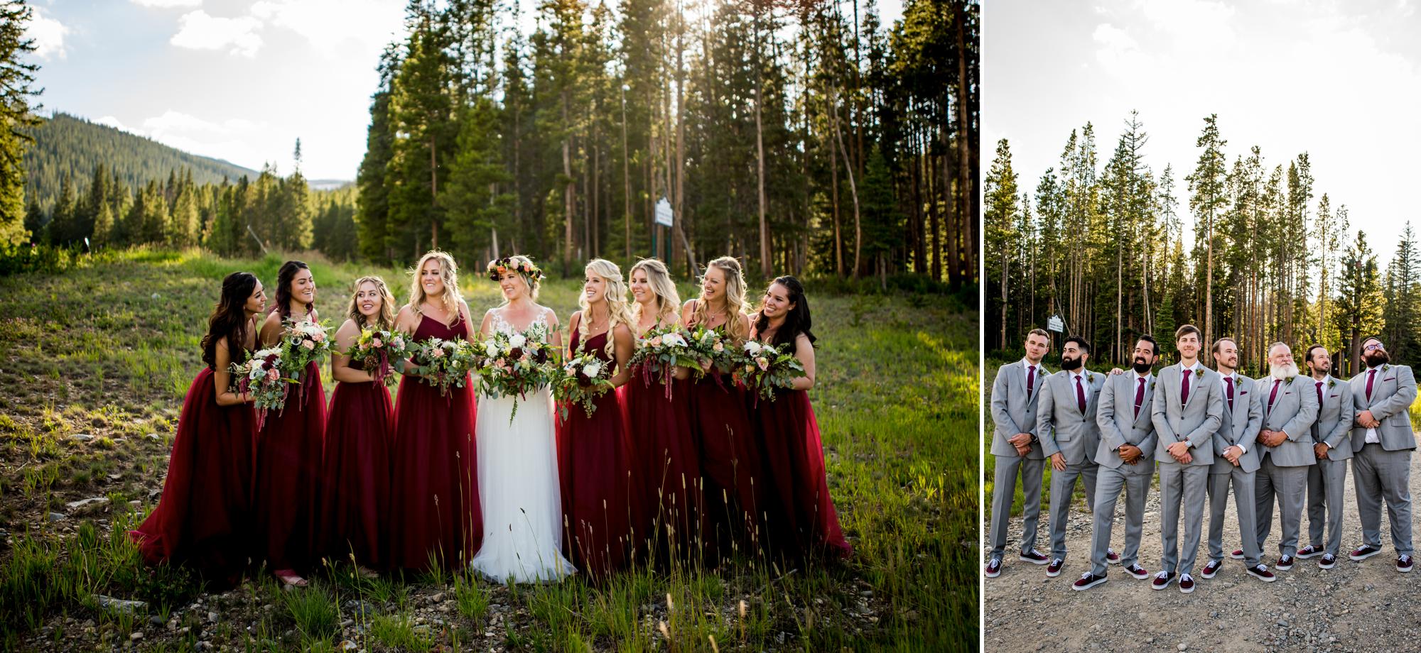 bridesmaids in beautiful burgundy dresses and groomsmen in gray suets