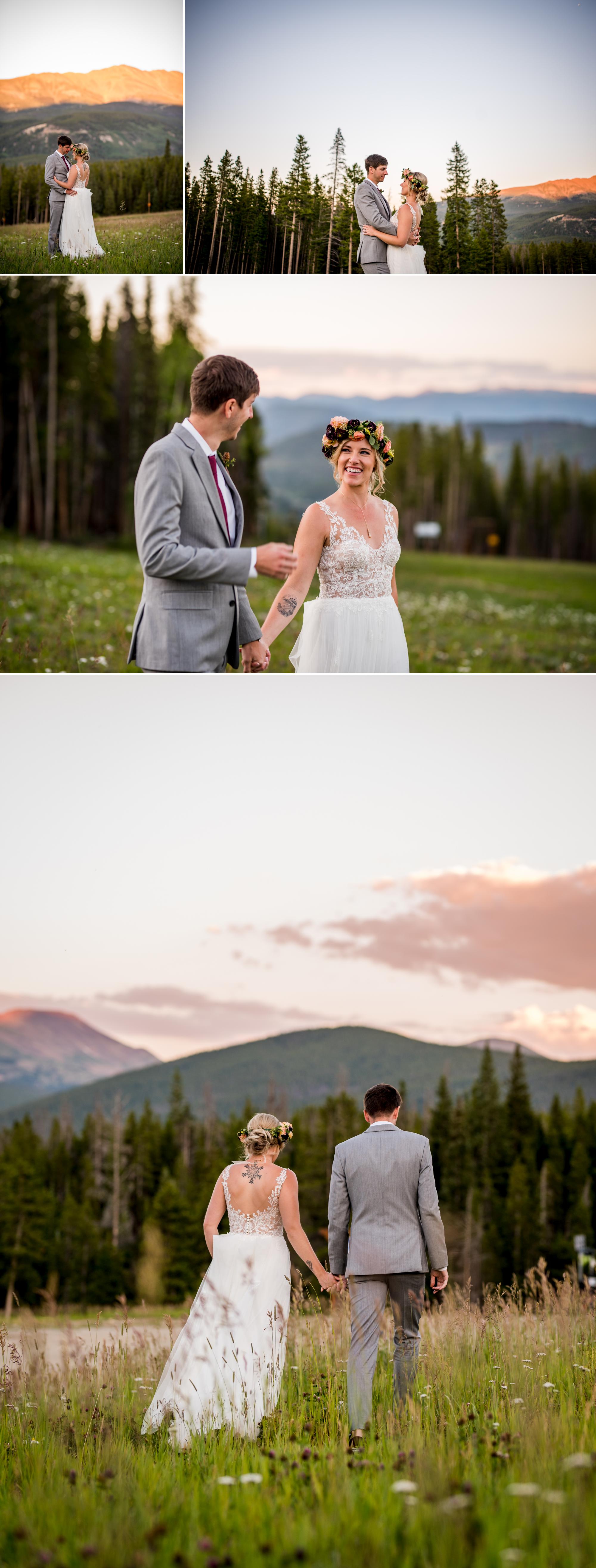 Colorado wedding couple walking with the mountains in the background during sunset