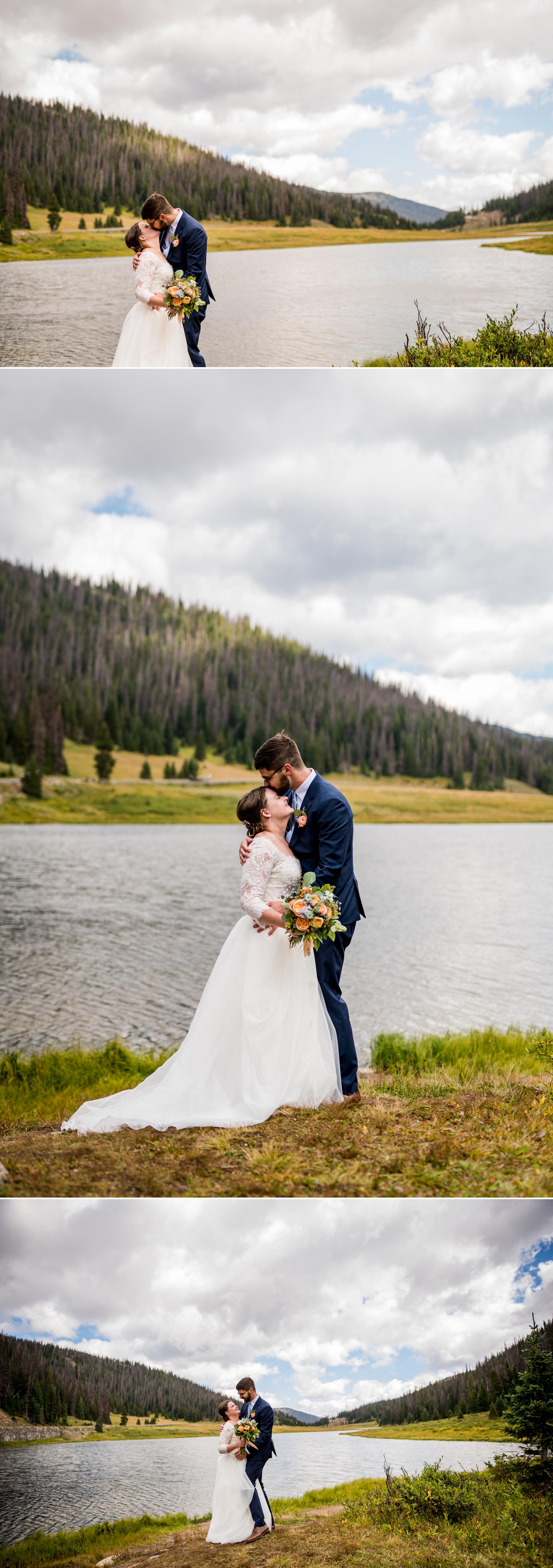 bride and groom kissing with a Colorado mountain backdrop
