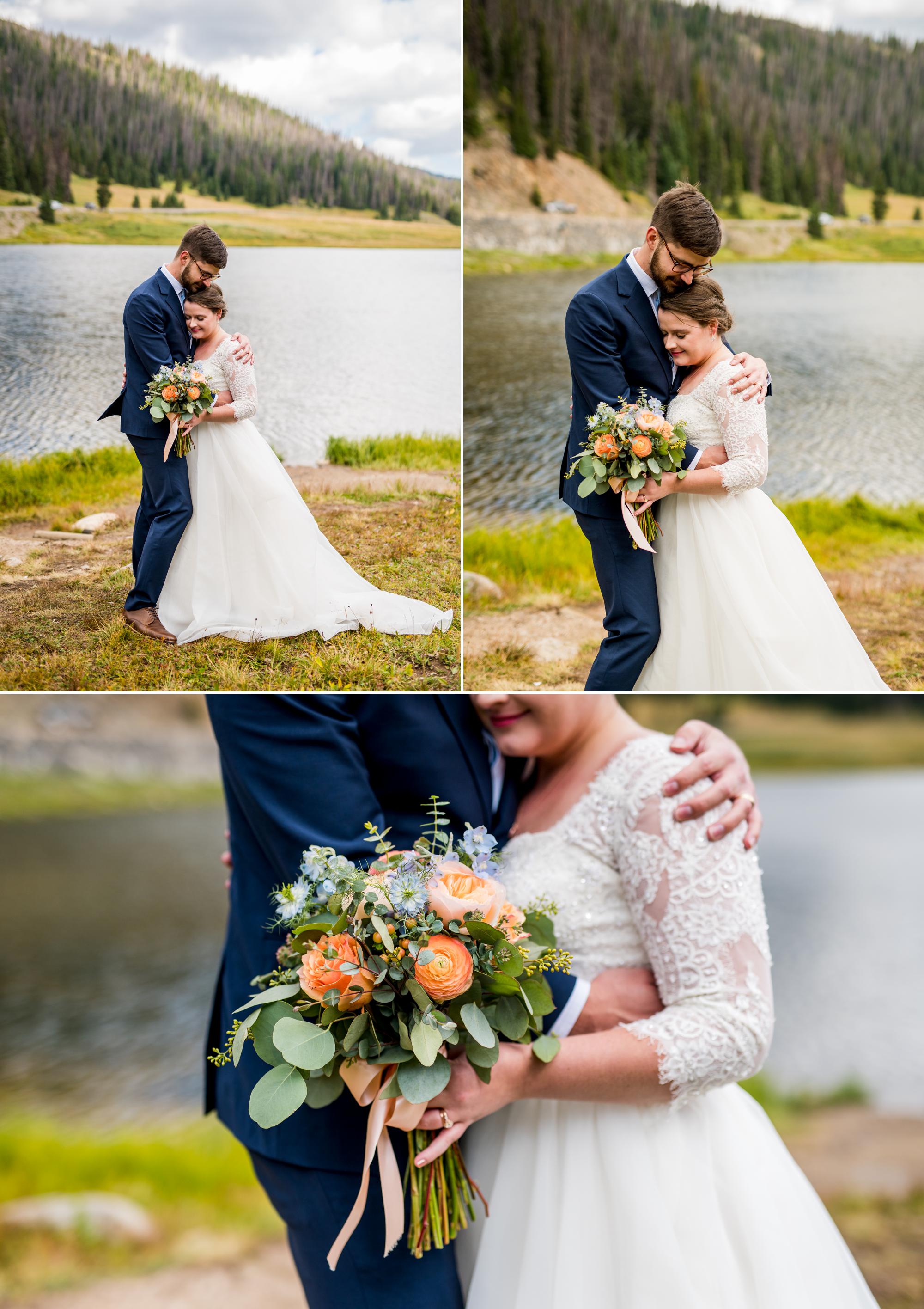 elopement couple having an intimate moment by the water in Colorado