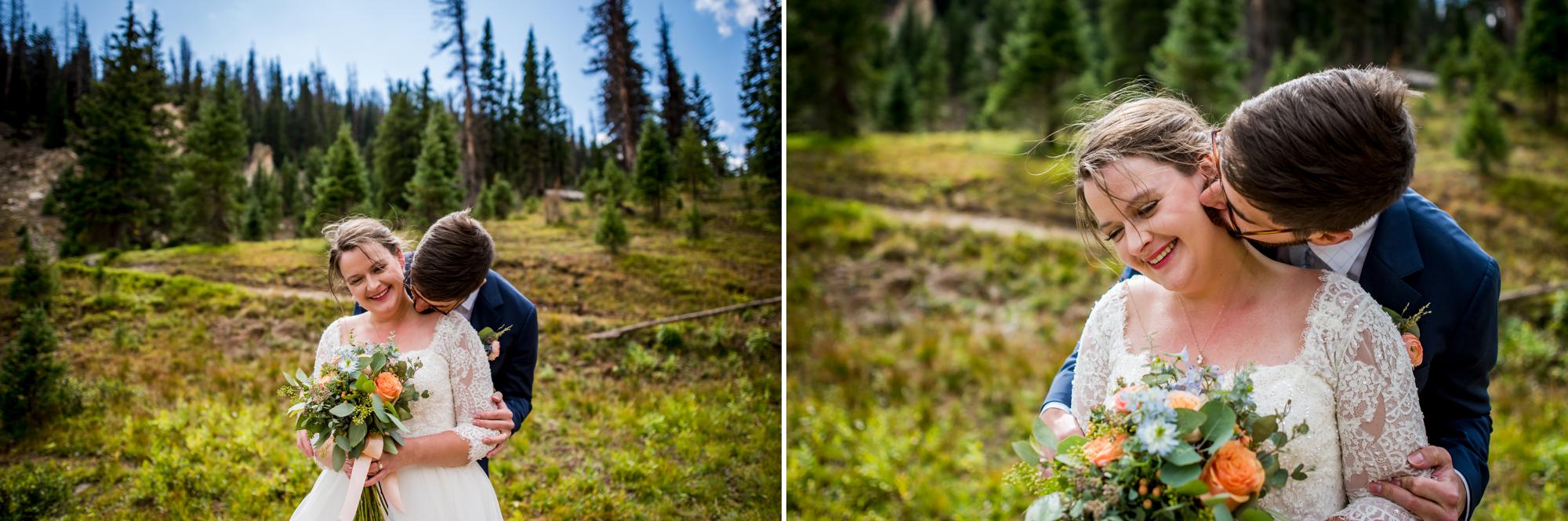 Colorado groom kissing his brides neck and making her laugh