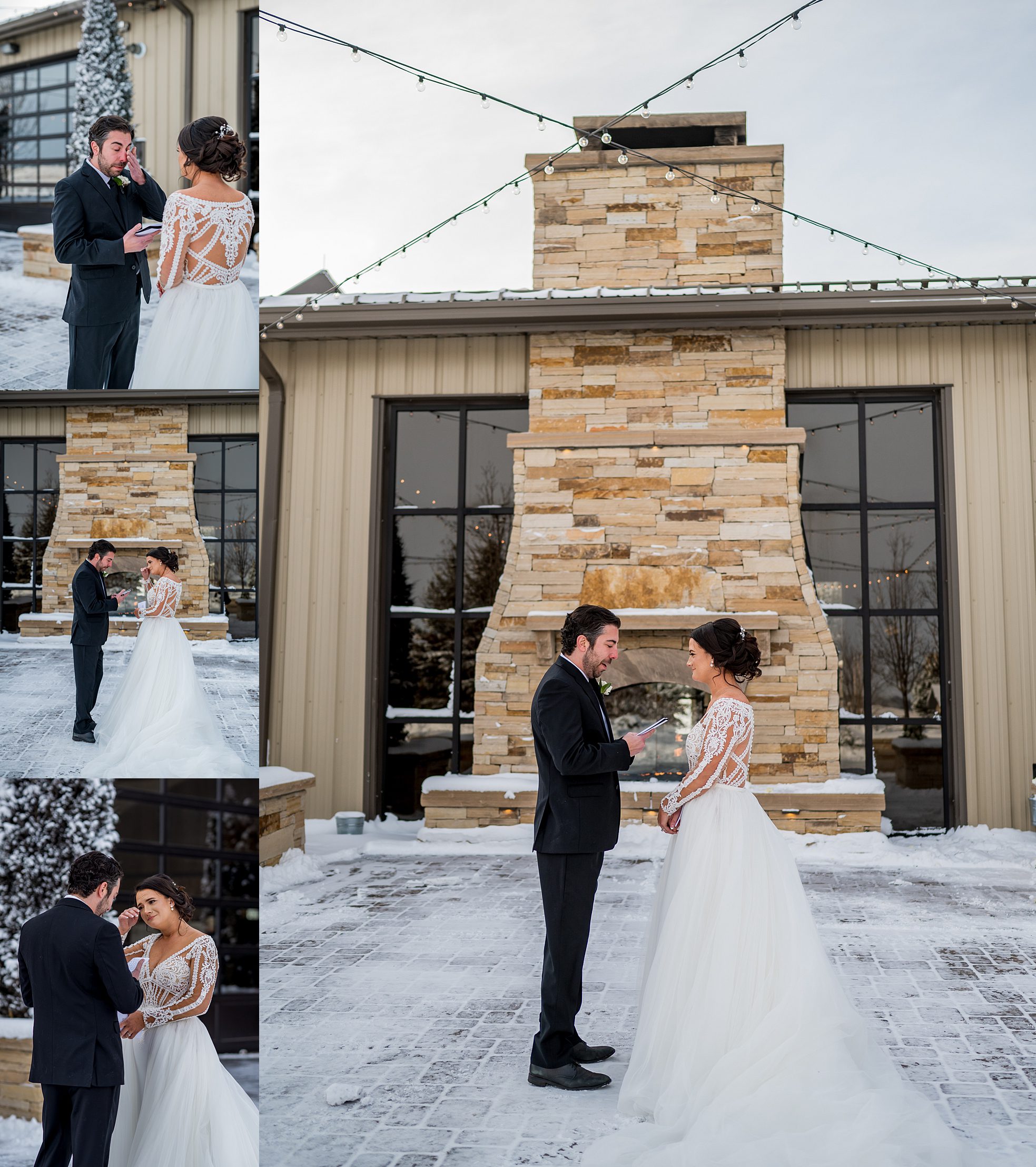 a bride and groom at spruce mountain ranch exchange wedding vows in the snow.