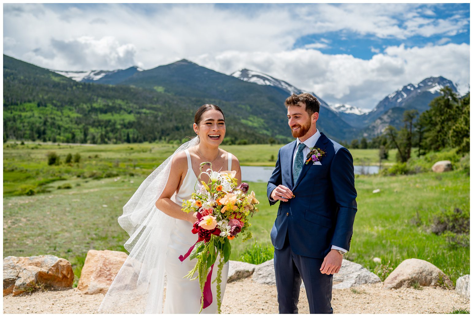 bride and groom laughing in Rocky Mountain national park