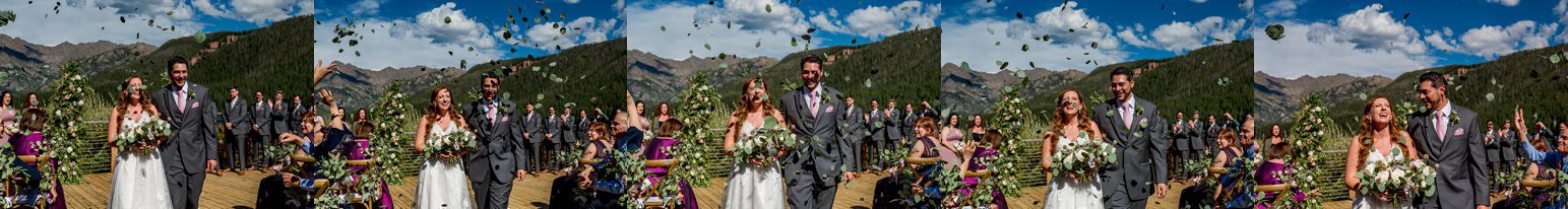 couple leaving wedding ceremony at Piney River Ranch