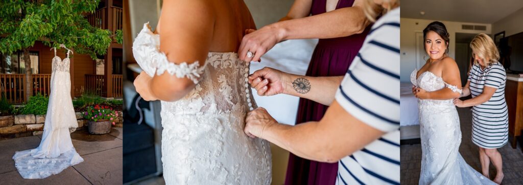 Bride getting into her wedding dress at Cheyenne Mountain Resort