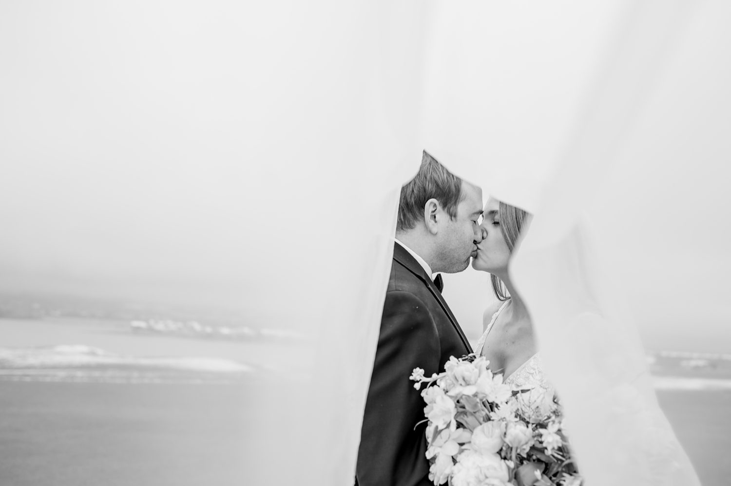 A romantic black and white wedding portrait of a bride and groom sharing a kiss under the bride's flowing veil. The intimate moment is set against a blurred, serene outdoor backdrop, perfectly captured for a timeless wedding celebration at a Fort Collins wedding venue.