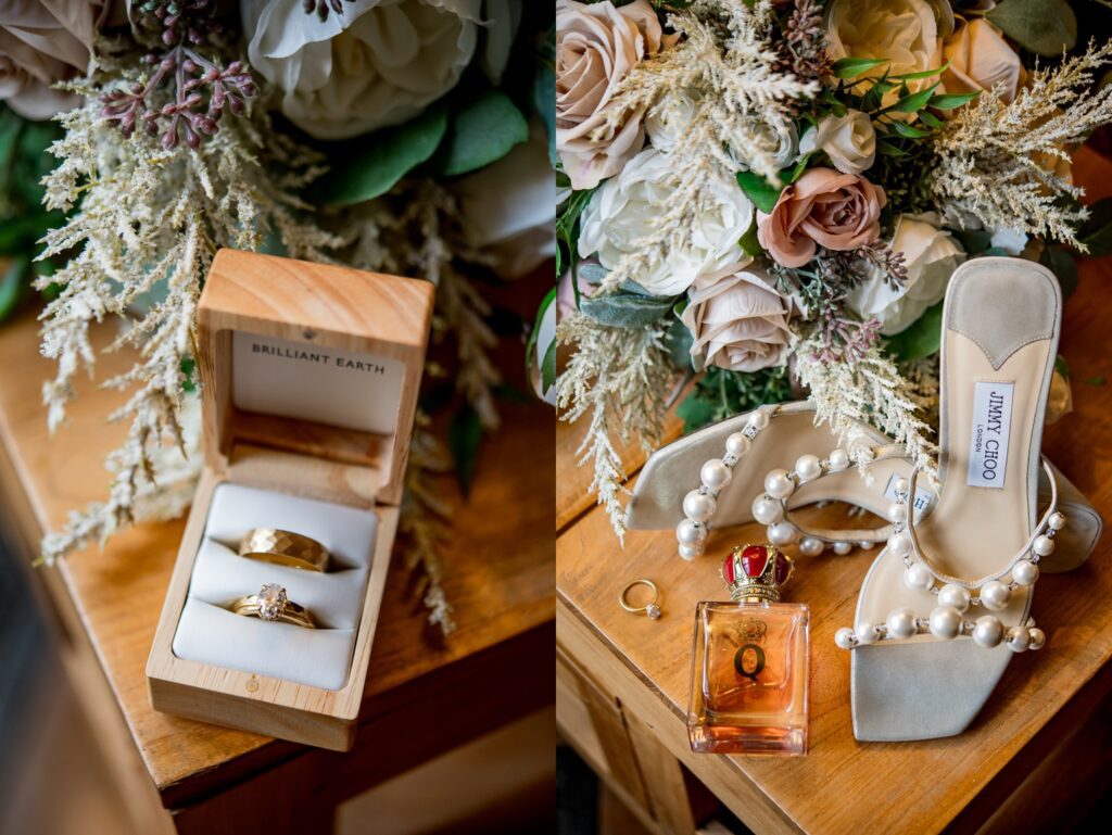 A close-up of elegant wedding jewelry paired with sparkling Jimmy Choo heels; delicate diamond earrings and a shimmering bracelet rest beside the shoes, highlighting their intricate details and adding a touch of luxury to the bridal accessories.