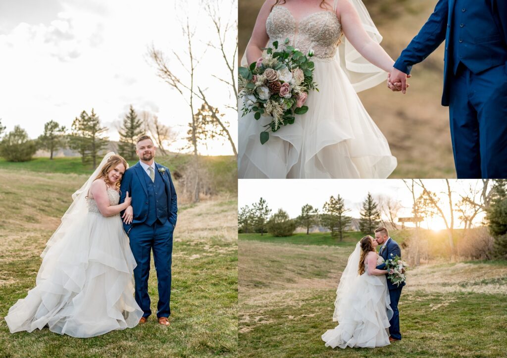 The bride and groom share a romantic moment during sunset at Spruce Mountain Ranch, with the warm, golden light creating a breathtaking backdrop. The couple stands together, embracing as the sun sets behind the stunning Colorado mountains, capturing a perfect, intimate wedding portrait.