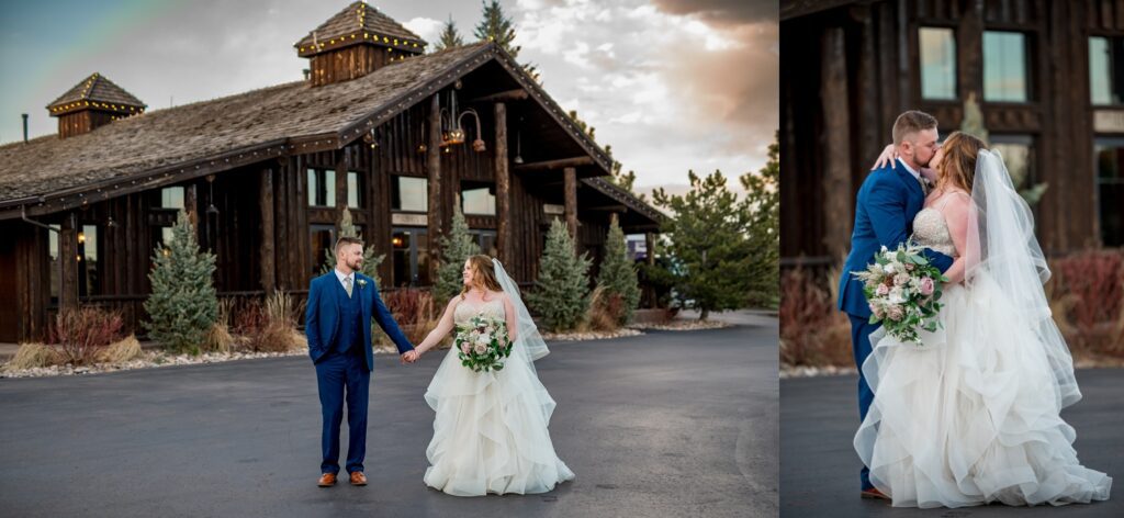 The bride and groom pose in front of Albert's Lodge at Spruce Mountain Ranch, surrounded by rustic charm and stunning Colorado scenery. The couple stands close together, radiating love and happiness, with the lodge's warm wooden details providing a cozy and picturesque backdrop for their wedding portraits.