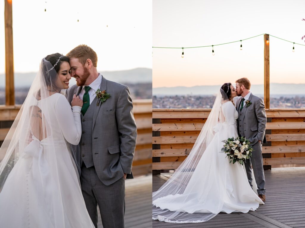 Colorado wedding couple as a romantic kiss during sunset with the Rocky Mountains in the backdrop.