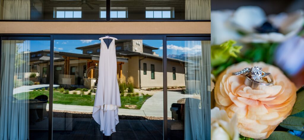 Bridal getting-ready side-split image of the scene: on the left, in black and white, there is a photo of bridesmaids in their silk robes relaxing in a big suite, talking and getting ready while the bride in a high chair gets her makeup done; on the right, in color, the bride is close-up as makeup artists complete the finishing touches on her face, drawing out blemish-free skin and relaxed features.