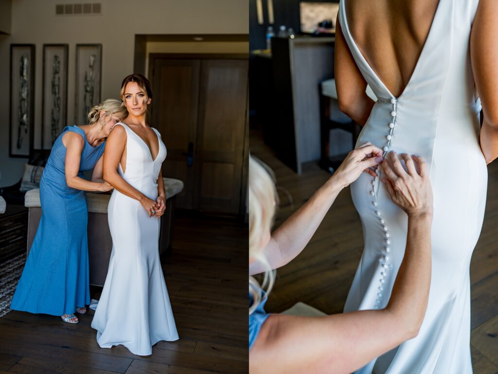 A split-image capture in a tender moment-a bride getting ready for her wedding. Left: The bride stands in a fitted white gown while her mother, in a soft blue dress, secures the back of the dress. The bride is composed and poised, confident and full of grace. The right photo is a close-up of the mother carefully fastening the row of delicate buttons up the bride's back; the photo in great detail captures both the gown itself and the intimacy of the moment.