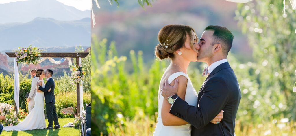 Wedding Ceremony - Colorado Springs, Garden of the Gods Resort. The split-image shows the bride and groom sharing their first kiss under a beautifully decorated wooden arch at Garden of the Gods Resort in Colorado Springs, with mountain views behind them. The left half shows the whole ceremony, moment-stopping guest onlookers, while the right side gives a close-up of a loving embrace in the golden light of the sun, epitomizing their love and happiness.