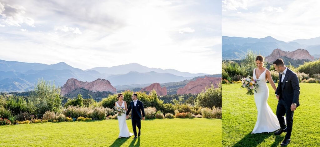 A newlywed couple walks hand in hand across the plush green lawn of Garden of the Gods Resort in Colorado Springs. The split-image captures their romantic stroll with stunning red rock formations and mountain peaks in the background. The bride, in a sleek white gown, holds a pastel-colored bouquet, while the groom, dressed in a sharp navy-blue suit, gazes lovingly at her as they share a joyful moment together.