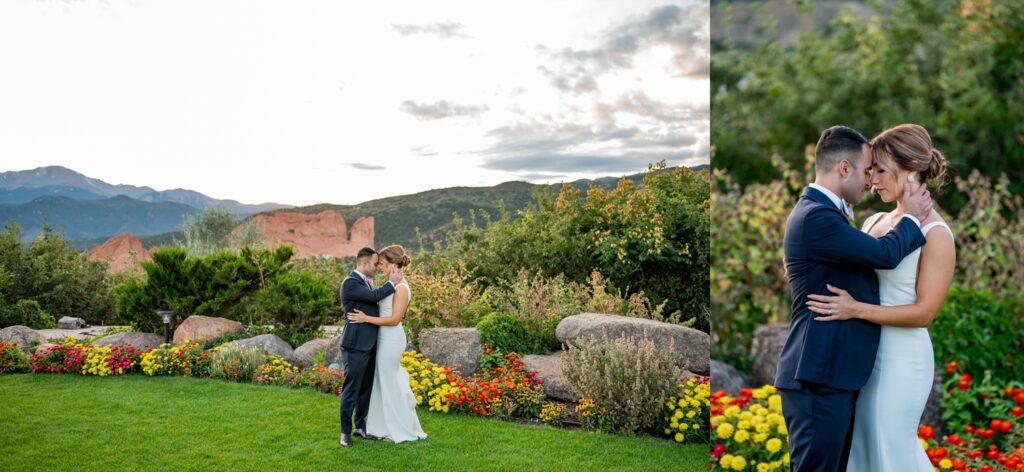 A romantic wedding portrait session at Garden of the Gods Resort in Colorado Springs. The split-image shows the newlywed couple embracing in a beautifully landscaped garden with vibrant flowers, large boulders, and red rock formations in the background. On the left, the couple stands close, gazing into each other's eyes against the stunning mountainous backdrop. On the right, a close-up shows them sharing an intimate moment with foreheads touching, showcasing their deep connection and love.