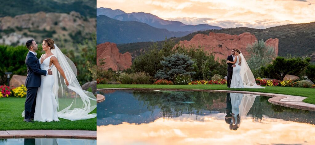 A romantic wedding portrait session at Garden of the Gods Resort in Colorado Springs. Below is an image split-the bride and groom are embracing, set against a stunning red rock formation with lush greenery. On the left, the couple gazes into each other's eyes as the bride's long veil flows in the breeze. On the right, they are standing by a reflecting pool at sunset, their silhouettes mirrored in the water, with a golden-filled sky, creating a dreamy and intimate atmosphere.