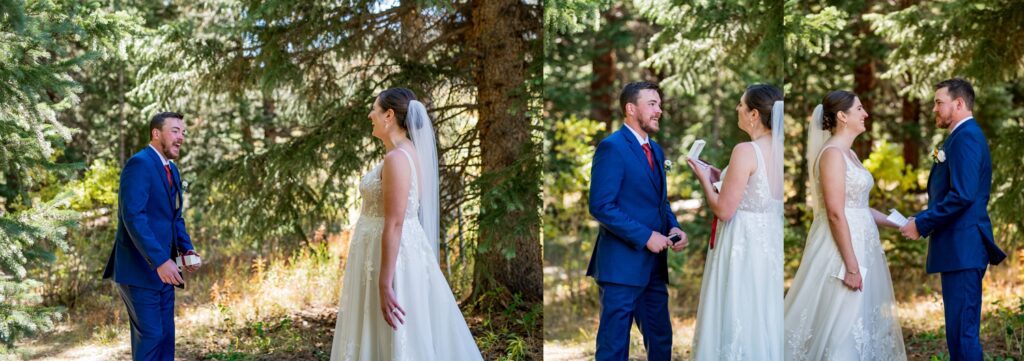 Followed by a glance at the bride, it captures the groom’s moment of elation, which is evergreen. The wedding takes place deep in the mountains beside Beaver Run Resort in Breckenridge, where the groom is wearing a tie with a navy blue suit and the bride made an entrance in lace adorned with a veil. In addition, they trade presents that are special to them and exchange loving vows under the pines while enjoying the romance of a mountain wedding.