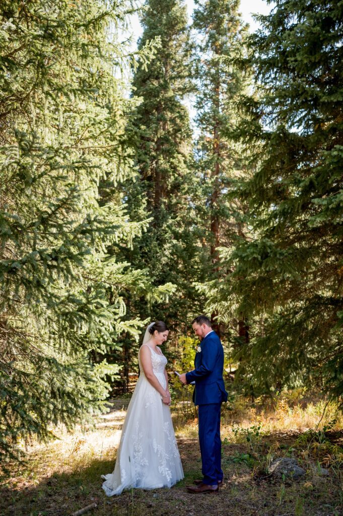 Beneath the tall snow-capped mountains and evergreen trees, couple gets married in a private setting in Breckenridge, Colorado. The bride, in her lace gown with a long flowy veil, and the groom with deep blue coat, stand together, surrounded by sunshine and tall trees, creating the sense of a perfect mountain wedding.