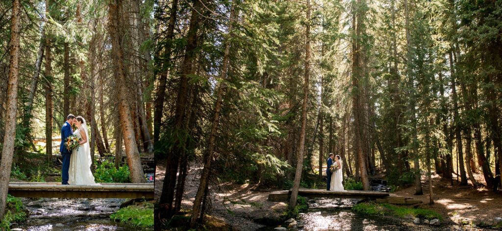 A romantic forest wedding in Colorado – Bride and groom are kissing on a wooden bridge over a stream, which is acquiring quite a natural, and scenic outdoor setting with tall pine trees for the background. A Colorado wedding photographer who is known for specializing in natural, scenic, and outdoor weddings got it captured by him.